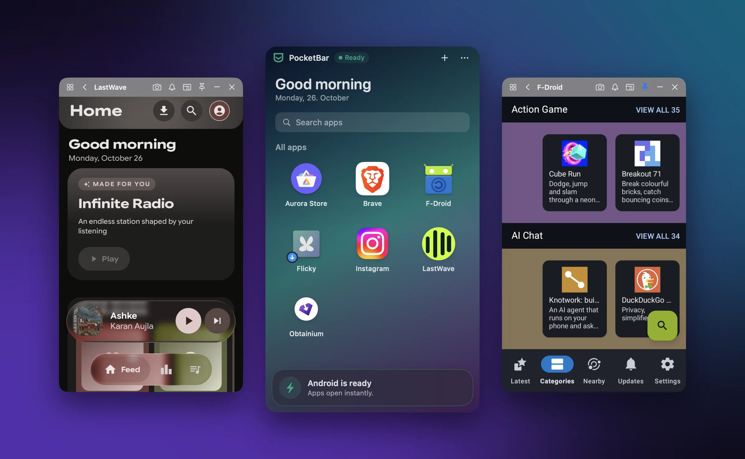 PocketBar in dark mode: the home screen with LastWave and F-Droid open in their own windows
